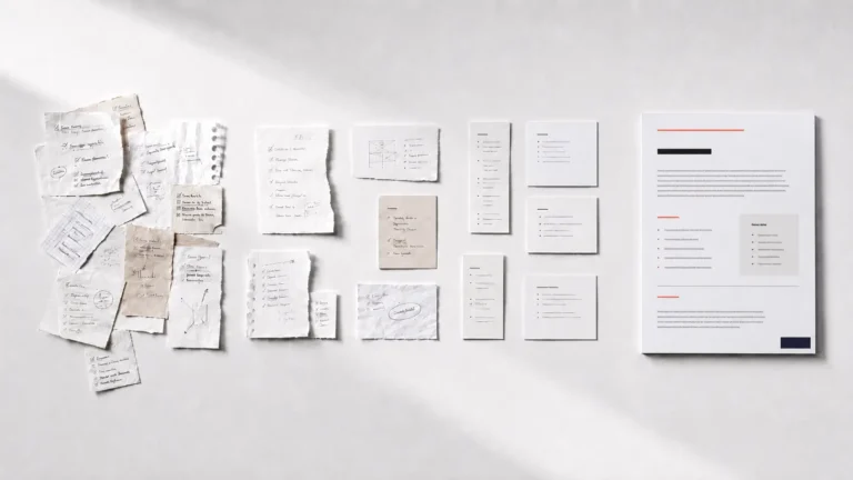 Von handschriftlichen Notizen zu einem strukturierten Dokument als Symbol für KI im B2B-Content-Marketing